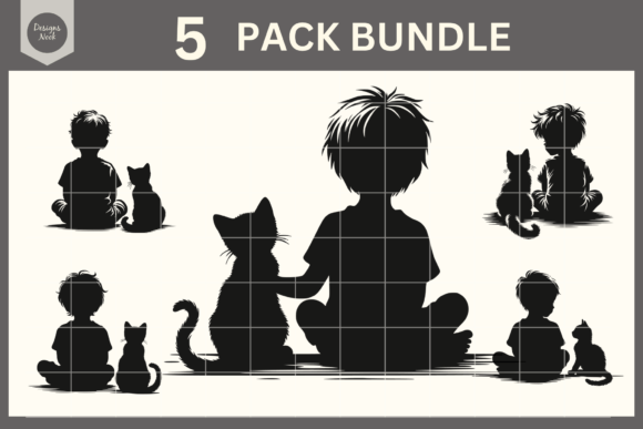 Boy and Kitten SVG Clipart Silhouette