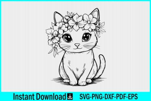 Cute Cat with Flowers Line Art SVG File