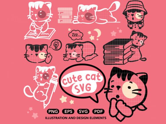 Cute Studying Cat SVG PNG Stickers