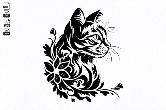 Floral Cat SVG, Black Cat SVG