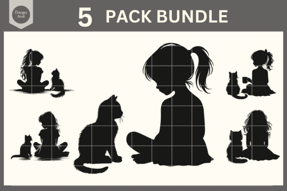 Girl and Kitten SVG Clipart Silhouette