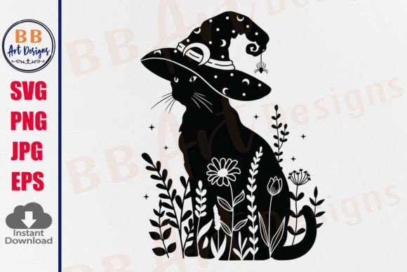 Halloween Cat SVG, Floral Black Cat PNG