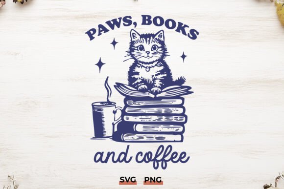 Paws, Books, and Coffee Cat SVG PNG